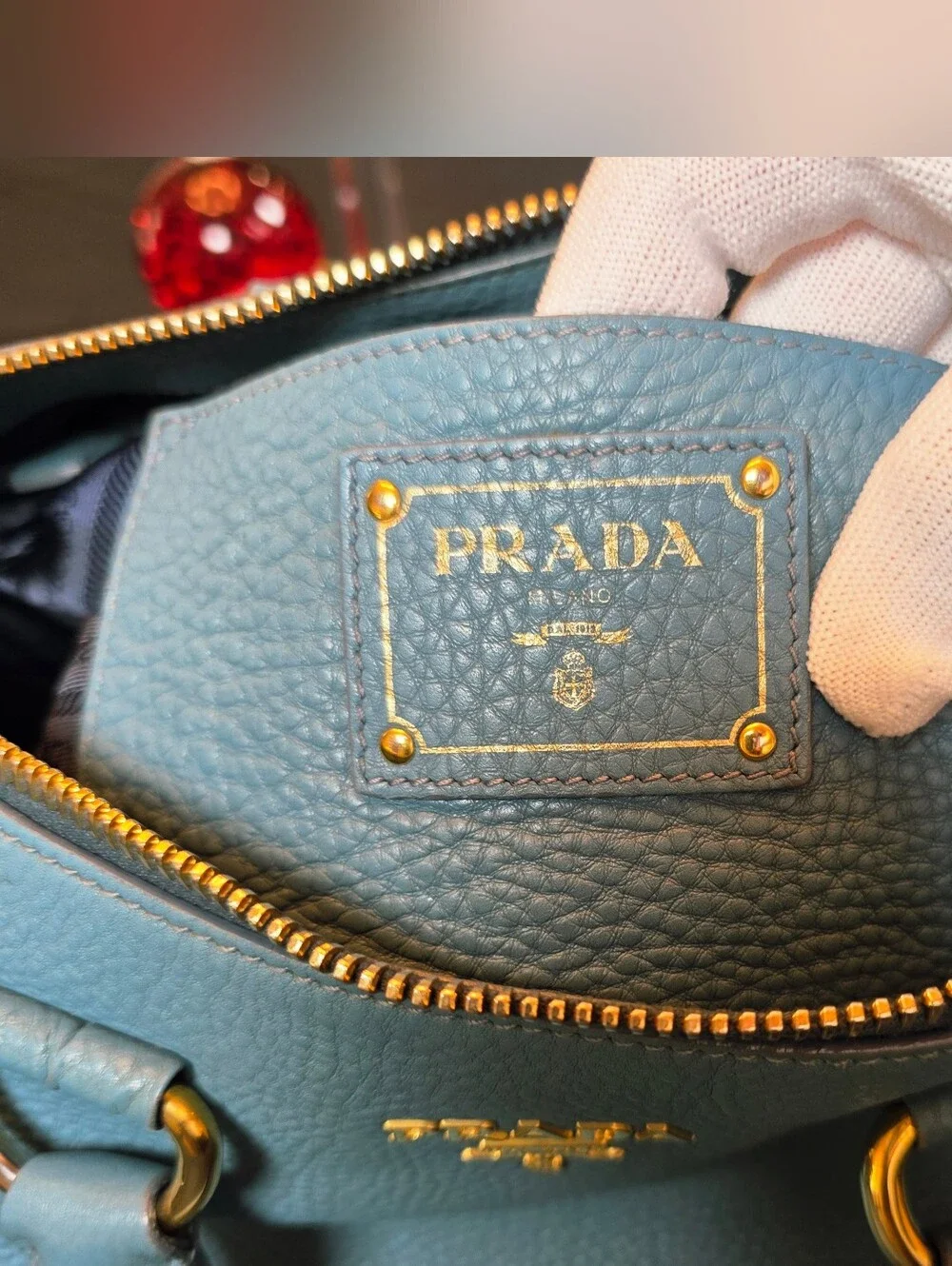 Authentic Prada Vitello Daino Blue Leather Top Handle Handbag  Comes w COA